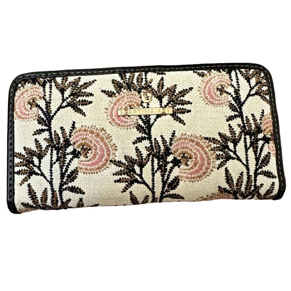 Spartina 449 Bifold Wallet Proprietor's Teapot Stems Cream Pink Black Floral